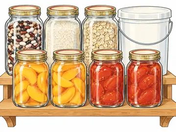 Jars of peaches, tomatoes, beans and grains on a pantry shelf