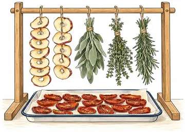 Apple rings and herbs hanging to dry over a tray of tomatoes