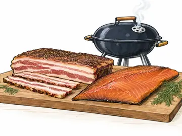 Slab bacon and smoked salmon on a board, with a grill behind