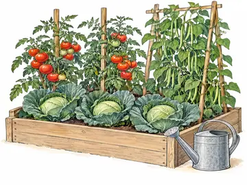 A raised bed of tomatoes, beans and cabbages with a watering can