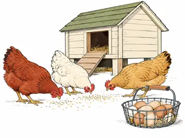 Three hens by a small coop and a basket of eggs
