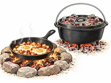 A skillet and a Dutch oven cooking over a ring of hot coals