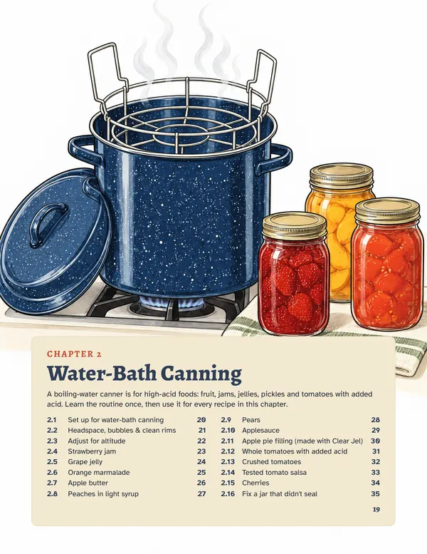 Page 19, the Chapter 2 opener: a painted water-bath canner with its rack beside jars of strawberry jam, peaches and tomatoes, and a cream panel listing the chapter's 16 skills with their page numbers.